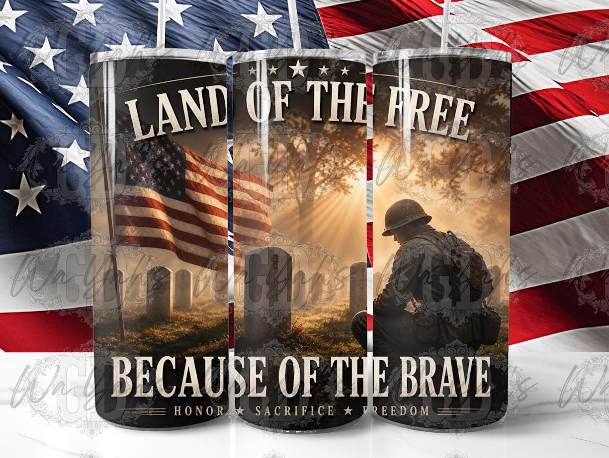 Land of the Free Tumbler Wrap – Patriotic Soldier Memorial Day PNG (Instant Download)