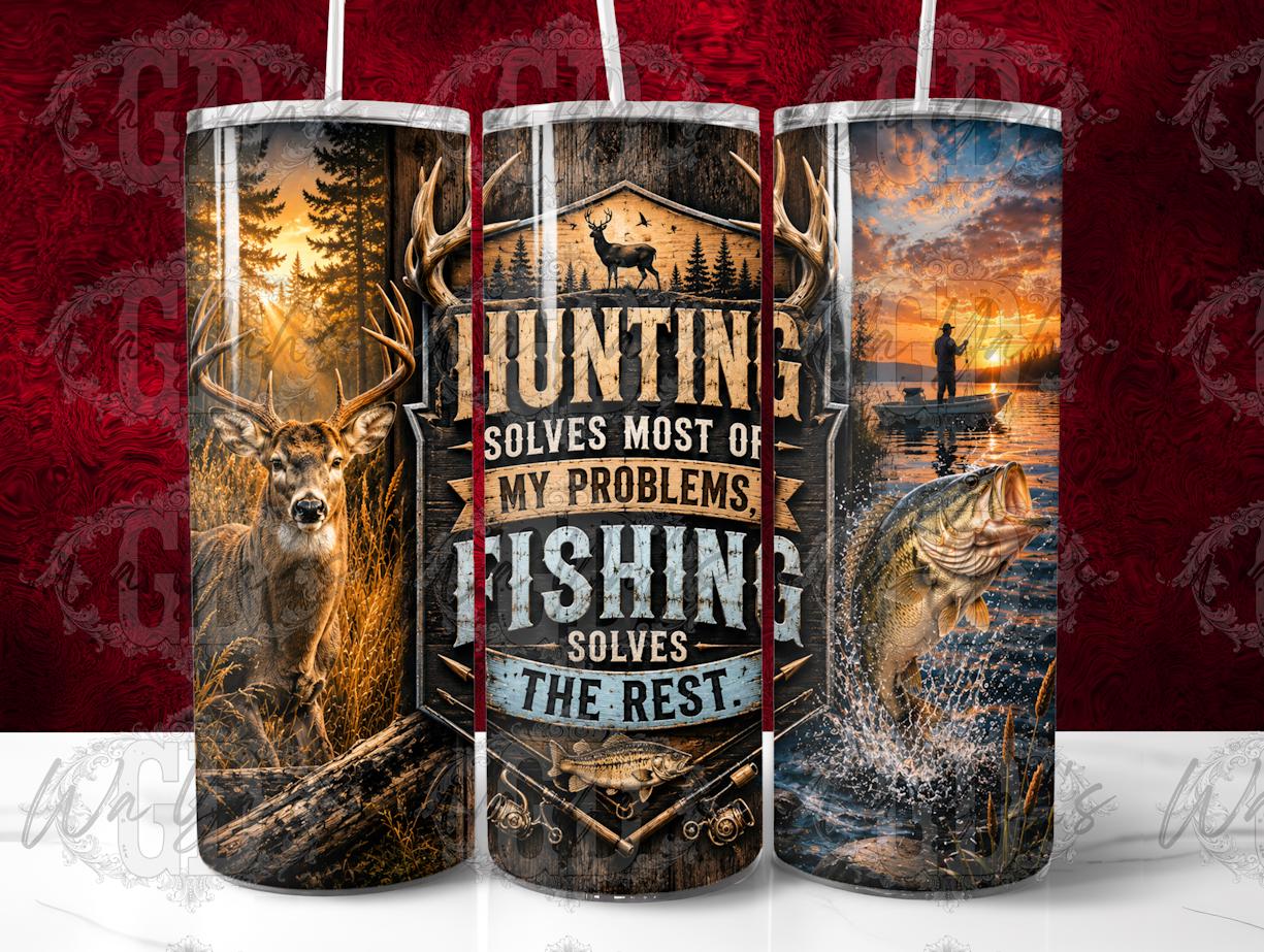 Hunting Fishing PNG Sublimation Design, Deer Bass Tumbler Wrap (Digital Download)