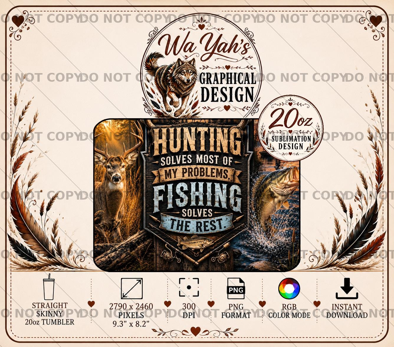 Hunting Fishing PNG Sublimation Design, Deer Bass Tumbler Wrap (Digital Download)
